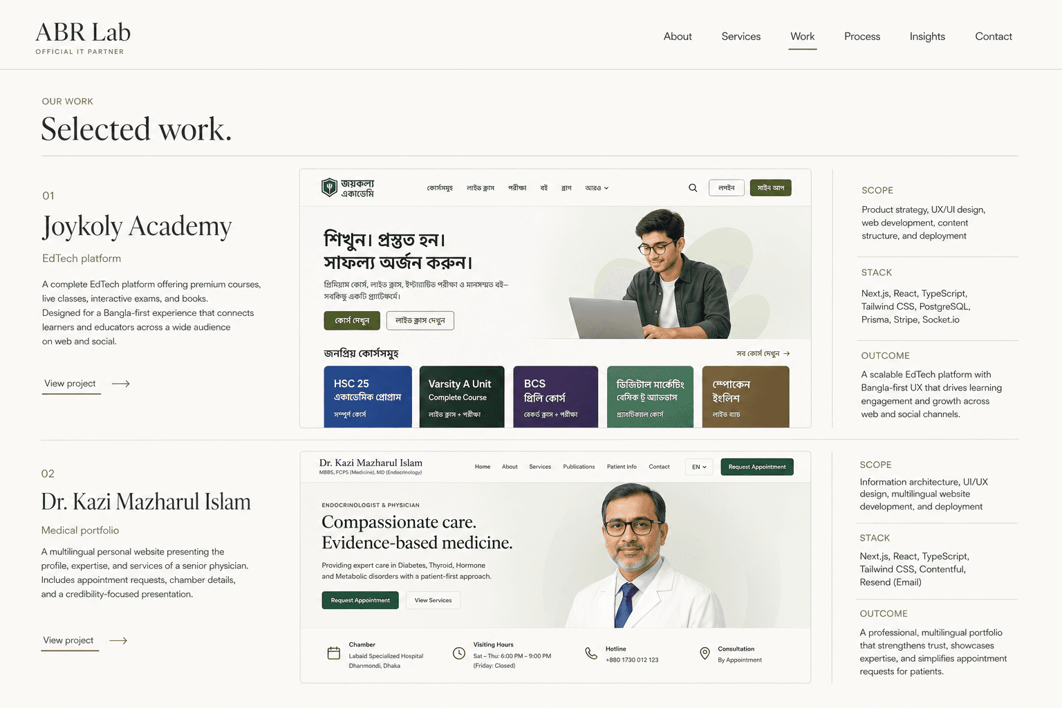 ABR Lab work concept presenting Joykoly Academy and Dr. Kazi Mazharul Islam case studies